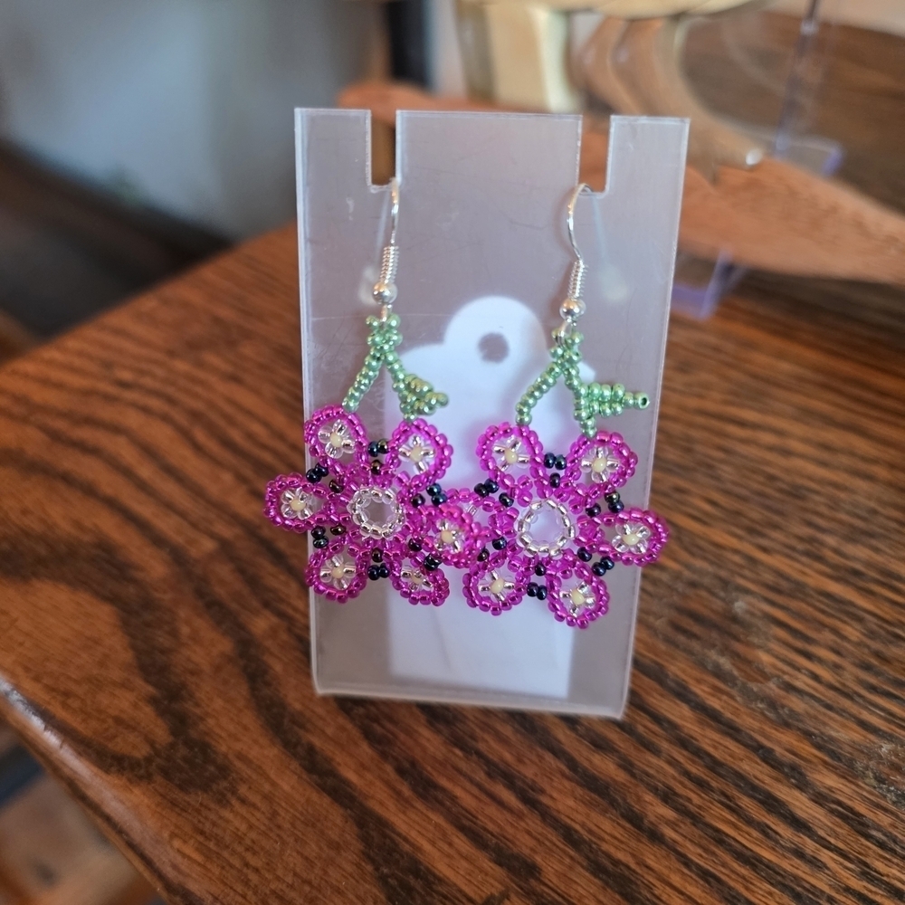 Hand Beaded Vibrant Floral Earrings in Pink and Green